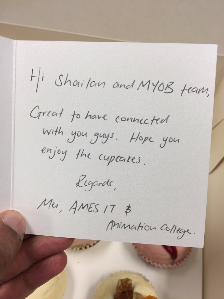 ShailanPatel's tweet photo. Great connecting with you too #AMESIT and #AnimationCollege! @MYOB and I certainly enjoyed the #cupcakes this morning. #thankyou https://t.co/WQlFmS7NKP