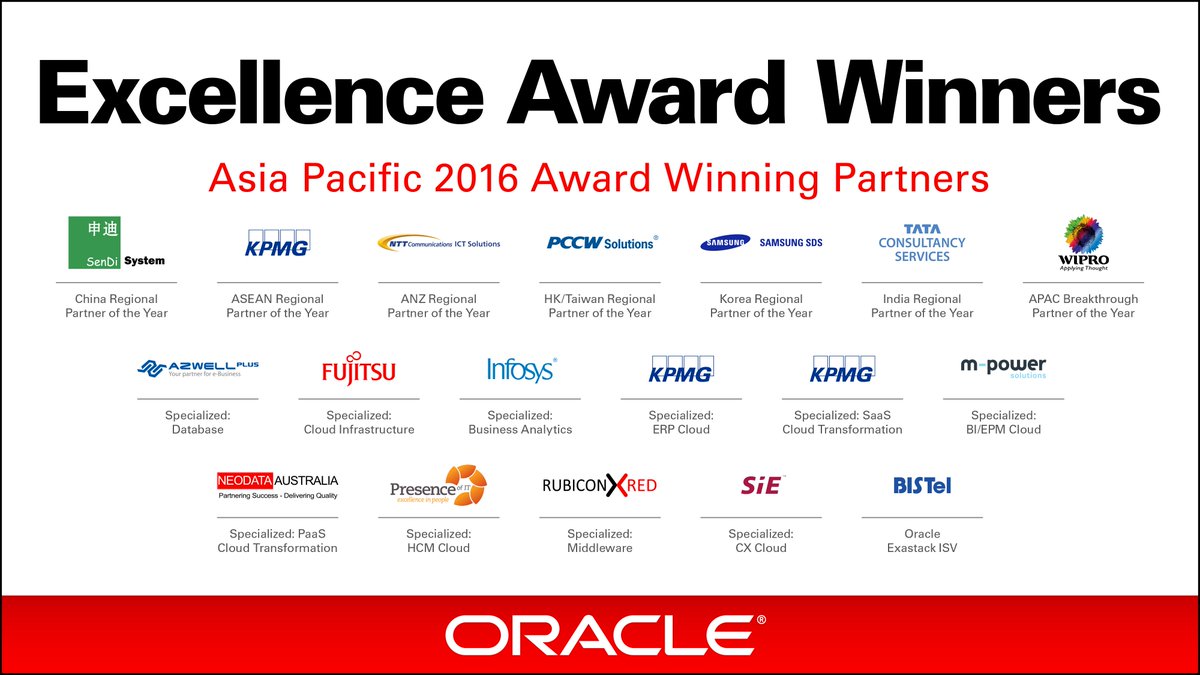 oraclepartners's tweet photo. Congrats to all of our 2016 Oracle Excellence Award Winning Partners in APAC! #oow16 #opncentral #opncloud https://t.co/N9FX8CyzY9