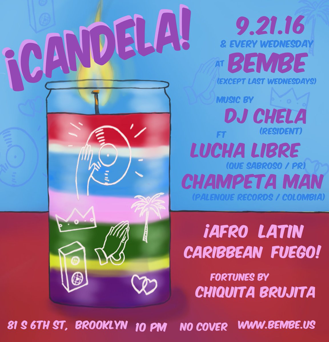 Weds 9/21 #CandelaBK @ @BembeBrooklyn: <a href="/DJChela/">djchela</a> ft <a href="/luchalibredjset/">Lucha Libre DJ</a> (PR) &amp; Champeta Man (<a href="/PALENQUERECORDS/">PALENQUE RECORDS - Afrocolombia & Africa</a>, Colombia)! #NeoPerreo + #Champeta