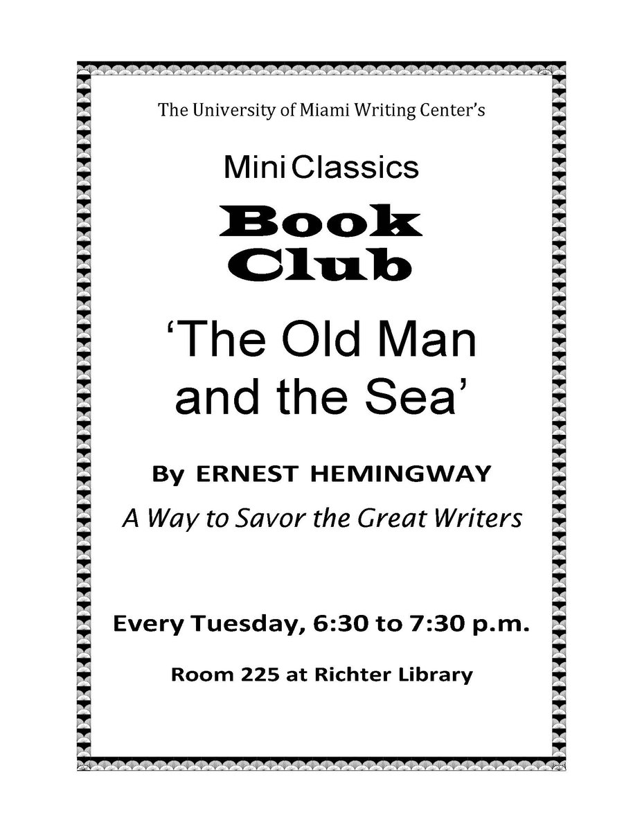 UMWritingCenter's tweet image. Love lit but no room in your schedule? Check out our book club! Tuesdays at 6:30 in Richter 225. Today, Hemingway! Next week, who knows?