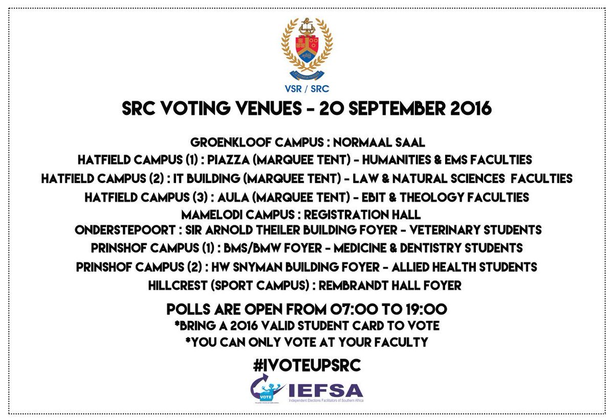 afriforumjeug's tweet photo. #IVoteUPSRC gaan vandag voort soos beplan.
Maak seker jy is in die regte ry, by jou fakulteit.
#StemSR #VoteSRC https://t.co/I3NpOyghIl