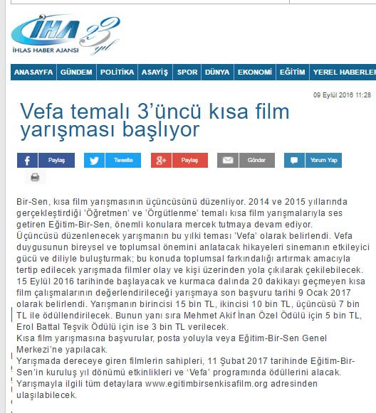 #Vefa temalı 3’üncü kısa film yarışması başlıyor
#VedaYokVefaVar 
egitimbirsenkisafilm.org