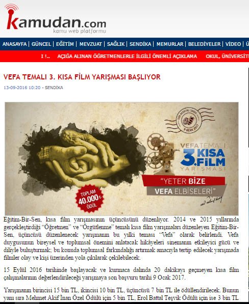 #Vefa temalı 3. Kısa film yarışması başlıyor
Detaylı bilgi için: egitimbirsenkisafilm.org
kamudan.com/vefa-temali-3-…