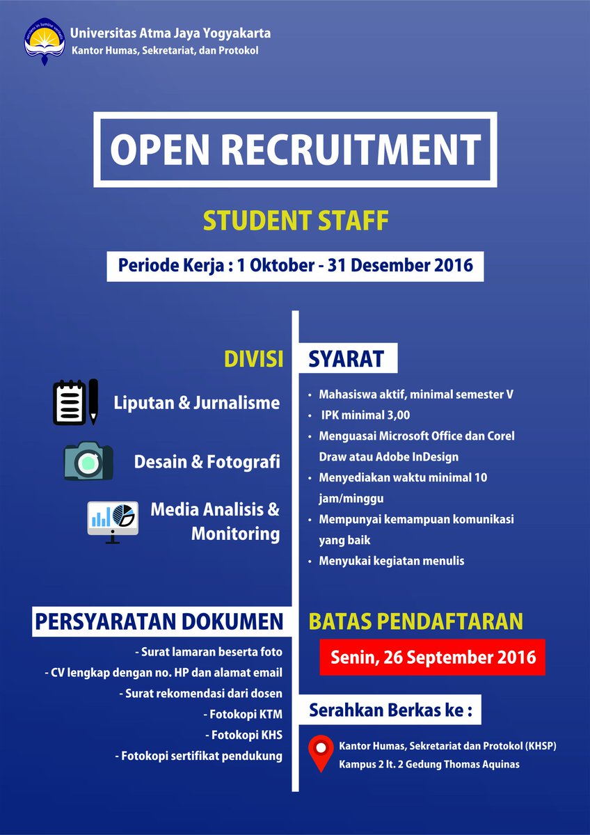 #OPREC Student Staff KHSP, mari bergabung bagi yg suka bid kehumasan dan tulis menulis. Batas Senin 26 Sep 2016.