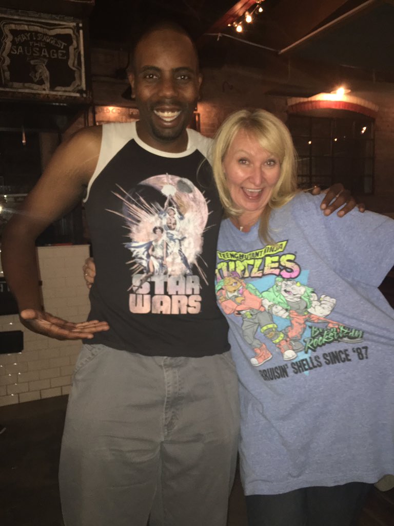 MokaVida's tweet photo. Talked @jon_durnell into switching tee's last night at #BoulderComedy.
#TeeEnvy #gunshow #cougar #TMNT #StarWars https://t.co/NiVvDr0EQp