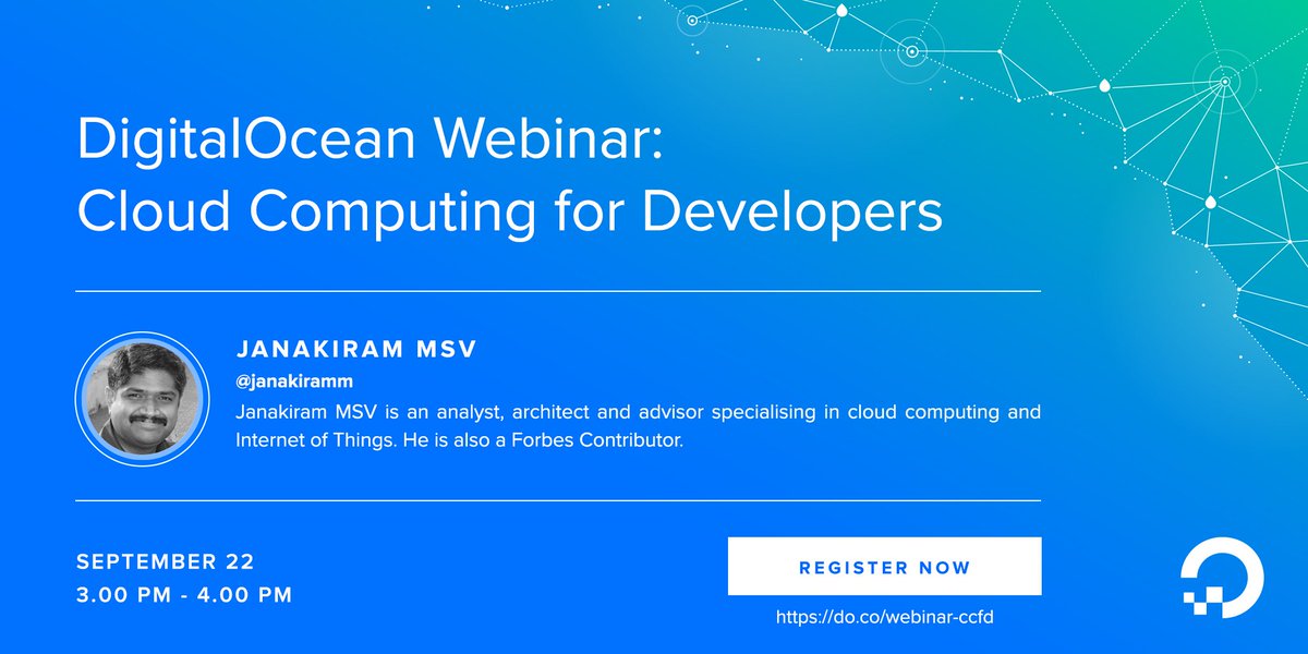 digitalocean's tweet photo. Tomorrow, join industry expert @JanakiramM for a webinar on common tasks performed on DO 🚀 https://t.co/bDHQgDymUD https://t.co/dATFfc89IU