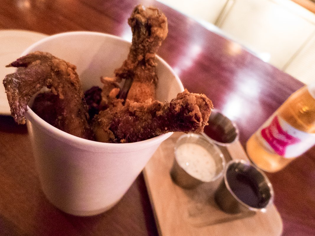 Bucket of fried chicken w/sweet &amp; sour, BBQ, &amp; ranch sauces @CafeDuNordSF