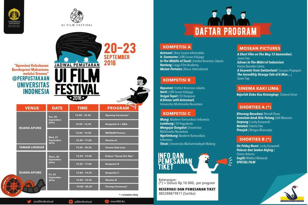 UI Film Festival 2016 dimulai hari ini!!

Open gate pukul 12.00 WIB
<a href="/Aula/">Aula</a> Apung Perpustakaan Pusat UI
FREE ENTRY