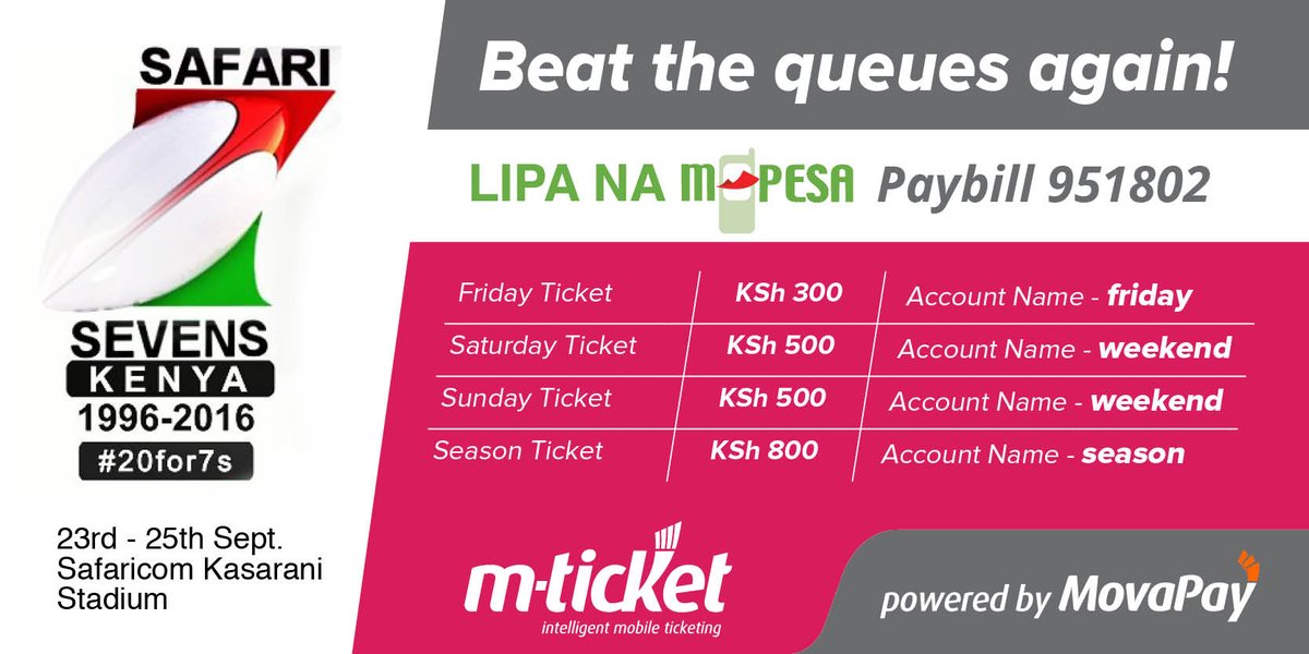 MovaPay's tweet photo. Grab your tickets via mobile to facilitate your faster entry into Kasarani. #20for7s #SafariSevens @OfficialKRU @KenyaRugby247 https://t.co/B6gORu1gCC