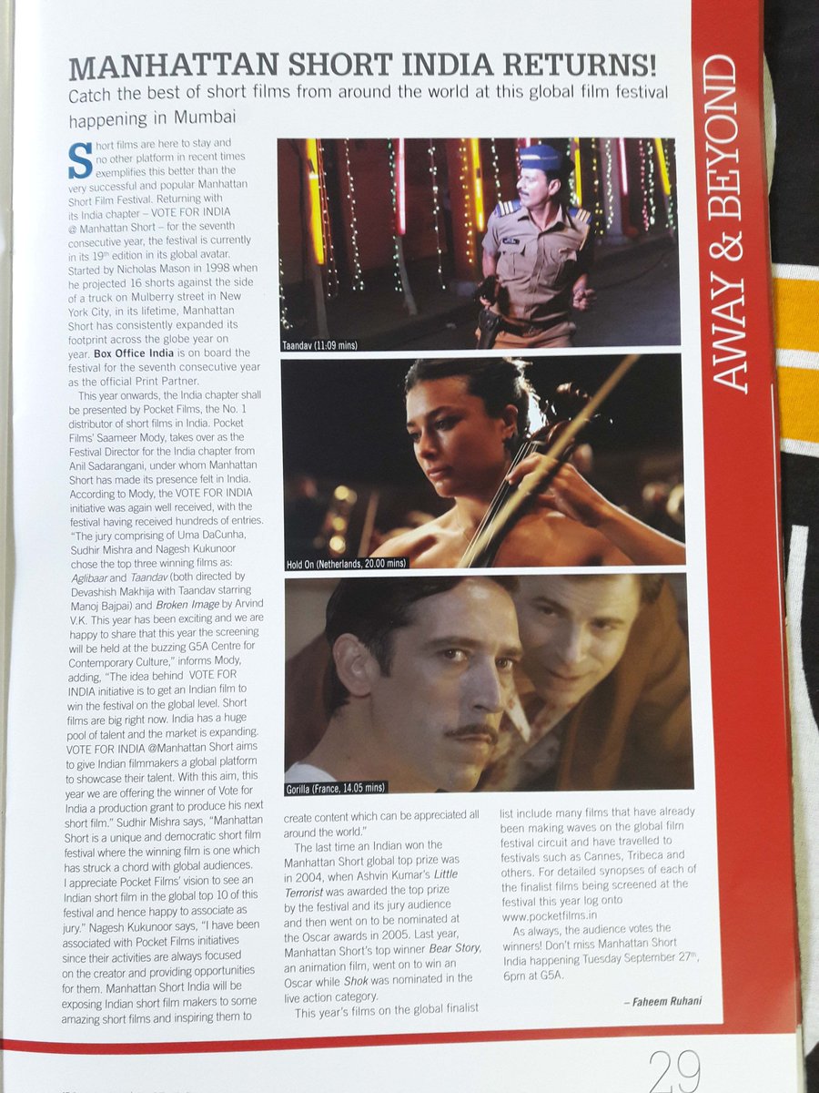 pocketfilmsin's tweet photo. The @ManhattanShort Write-up is out in @boxofficeindia magazine, read here - https://t.co/dSd6MlZ1oU  #ManhattanShort #VOTEFORINDIA https://t.co/gFWfn9Tsk8