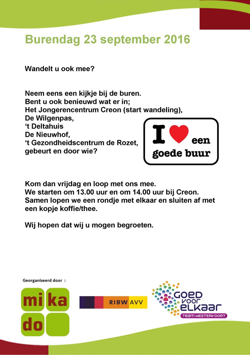 SociaalLoketDW's tweet image. Gluren bij de buren vrij 23sept om 13 en 14 uur @jc_creon naar Wilgenpas, Deltahuis, @Denieuwhof, Gezondhcentr Rozet. #burendag #Westervoort