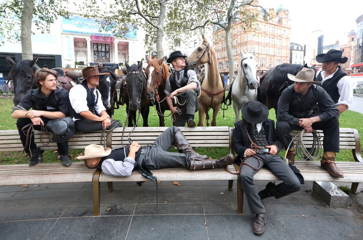 elliotwagland's tweet photo. Seven riders on horseback descend on Leicester Square this morning to promote the new Magnificent Seven movie https://t.co/3jo2rucpvW