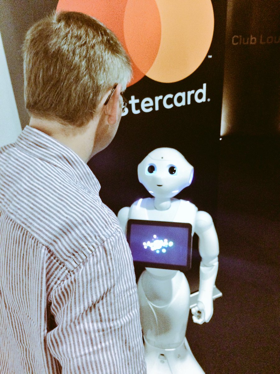 MastercardUKbiz's tweet photo. Pepper the robot greets guests arriving at our #Innovation Forum in London this morning https://t.co/4aG8skOTdz