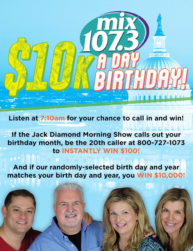 mix1073DC's tweet photo. Less then an hour til YOU have a chance at $10,000 on the @JackDiamondShow!!!  #Win #Cash #LocalContest #Money #Birthday https://t.co/b8jvtsw0KE