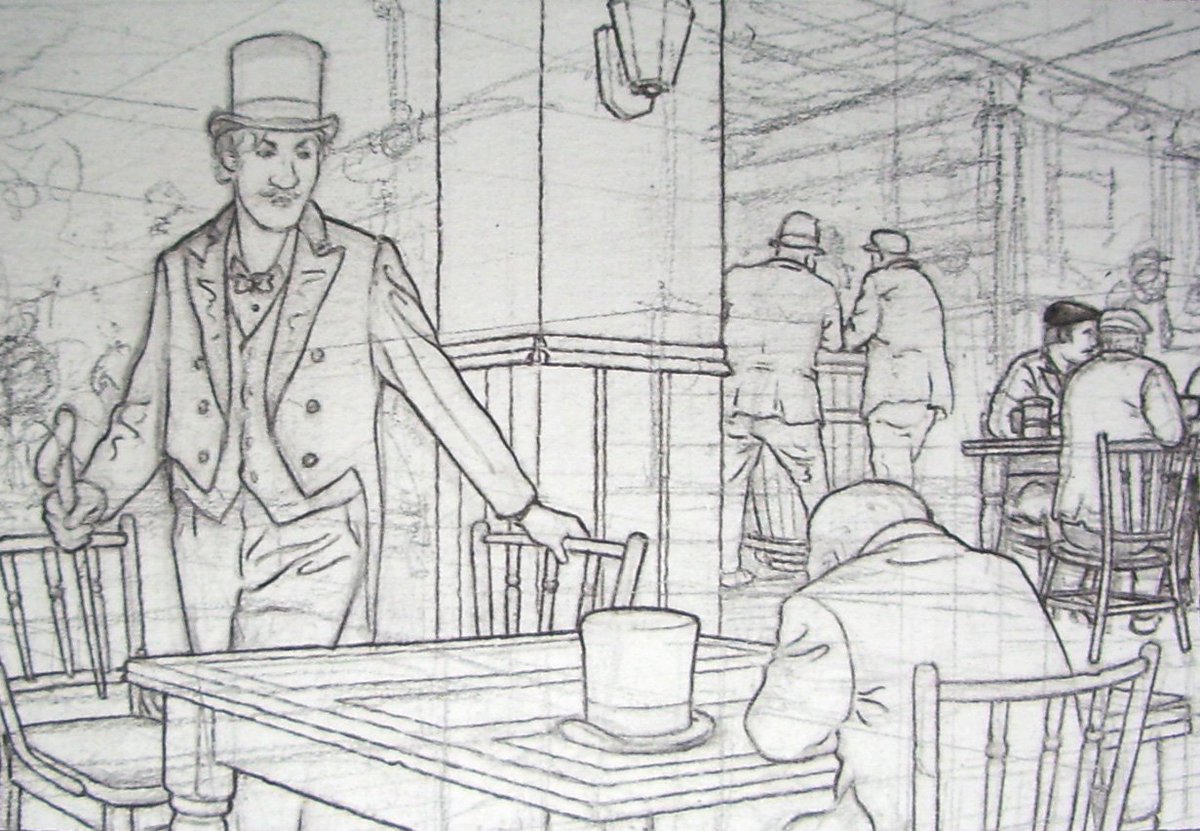 Working on barscene for graphic novel 'The Man who was Thursday'.