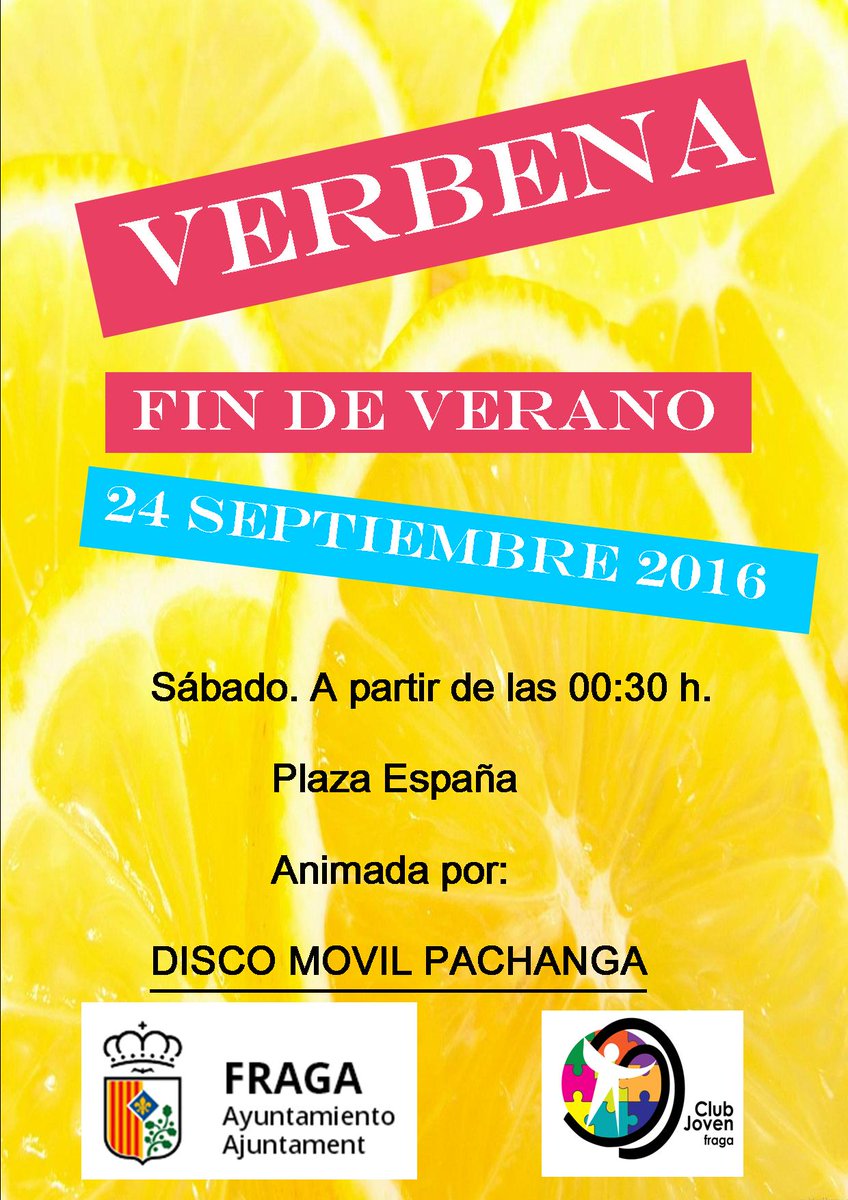 FragaAyto's tweet photo. ¡El Club Joven organiza una verbena para despedir el verano! ¡Será este sábado a las 0,30H en la Pz. España! #Fraga https://t.co/HpHvGbLh32