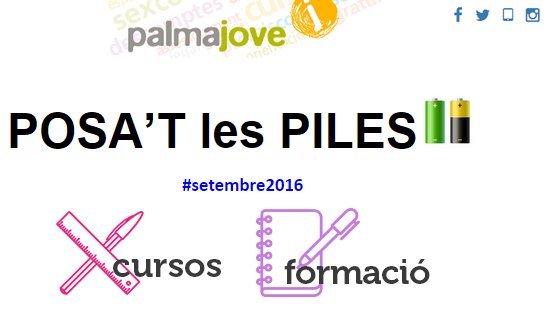 MESperPalma's tweet photo. Aquest #setembre2016 posa't les piles! consulta el programa de @palmajove https://t.co/TY5VJU8GPW https://t.co/Ux8mE528dJ