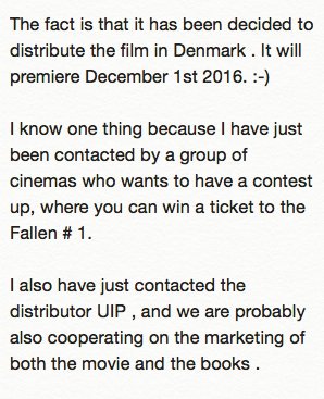 Fallen_Series's tweet image. News! A fan e-mailed the Danish publisher of Fallen and they answered that #FallenMovie comes out there on December 1st 2016!!!