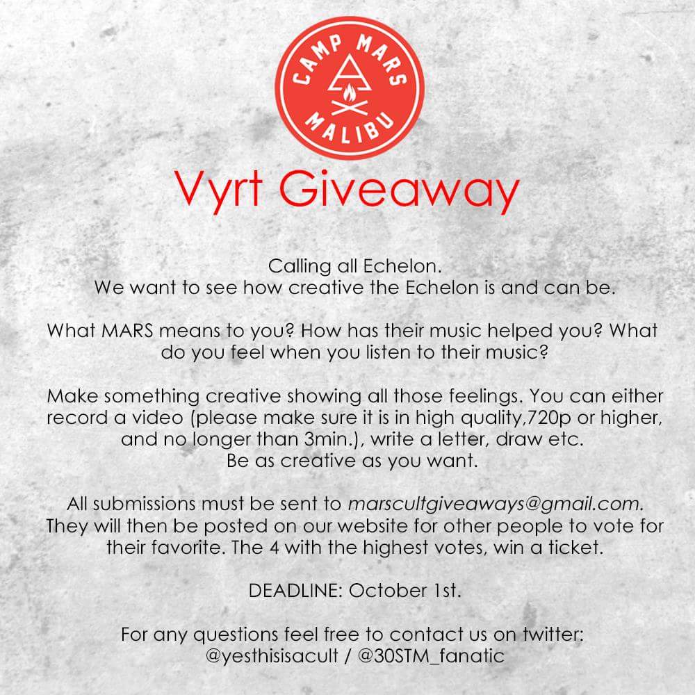 yesthisisacult's tweet photo. #EChelon We have a new giveaway starting from TODAY! Spread the word. @30STM_fanatic  #CampMarsonVyRT https://t.co/V0dJ6JMSx1