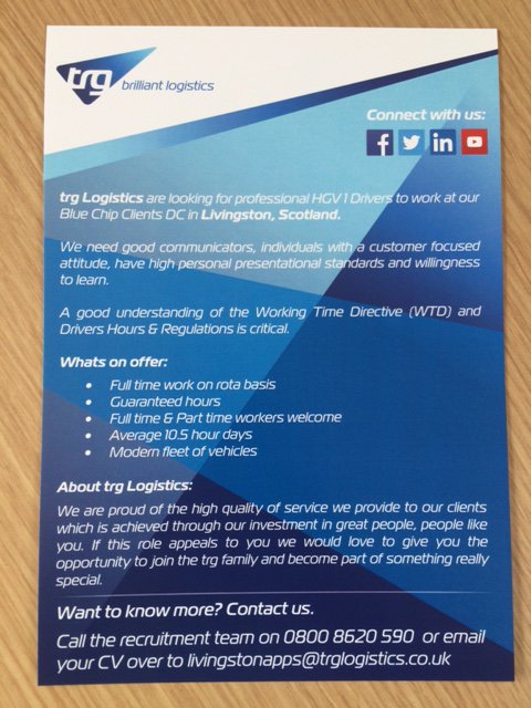 TRG_livingston's tweet photo. #DRIVERSrequired #HGV1
full time or part time
#immediate #starts
want to find out more?
contact: stacey.orr@trglogistics.co.uk https://t.co/aUYzBvvbmA