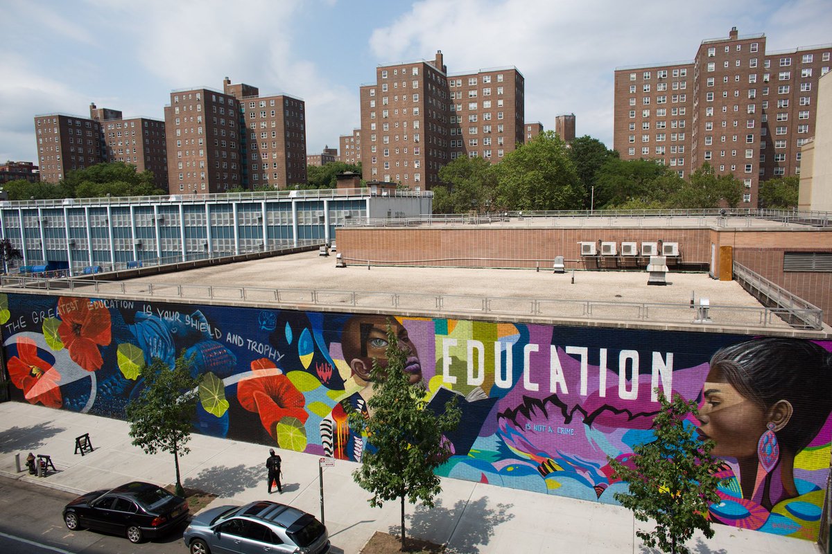 eduisnotacrime's tweet photo. Our countdown of #EducationIsNotACrime campaign continues - 15 Murals in 3 Months! - with @ELLEstreetart 's street art at #PS154 in Harlem https://t.co/jourJdSQyE
