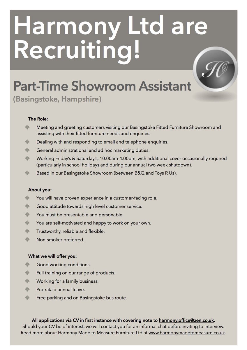 HarmonyMTMF's tweet photo. Harmony are recruiting!  #parttime #showroomassistant #harmony #basingstoke #hampshire #recruitment https://t.co/hqORLM601e