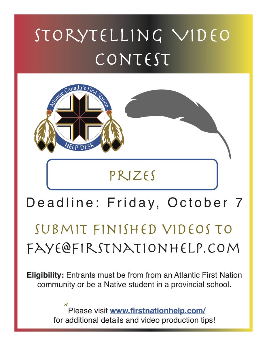 firstnationhelp's tweet image. STORYTELLING VIDEO CONTEST!

For more information, please visit firstnationhelp.com.