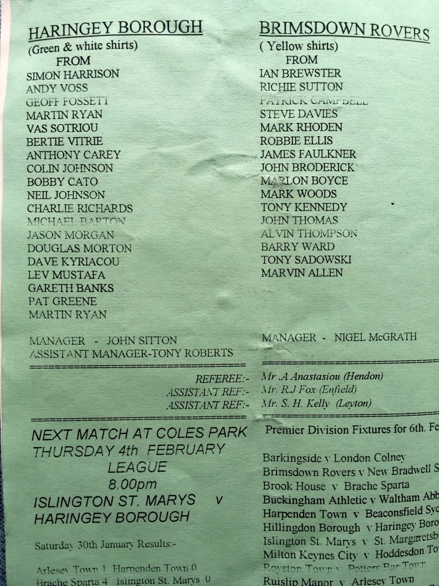 Old programme from Spartan league days dated 2/2/99 - looks like <a href="/TheRealSitts/">John Sitton</a> had benched me for that one <a href="/bertievitry/">bertievitry</a> <a href="/HaringeyBoroFC/">Haringey Borough</a>