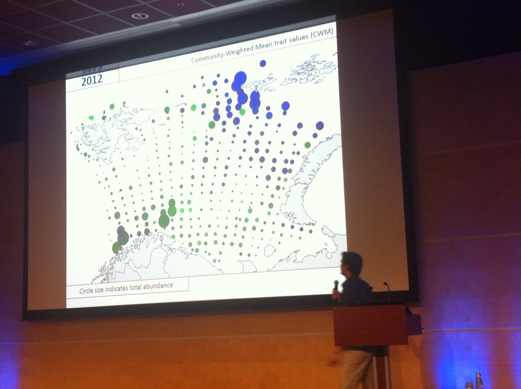 TimDencker's tweet photo. @andre_frainer showing a 'borealization' in Barents Sea @ICES_ASC #ICESASC16 over 10 years https://t.co/vuA5h2U4ee
