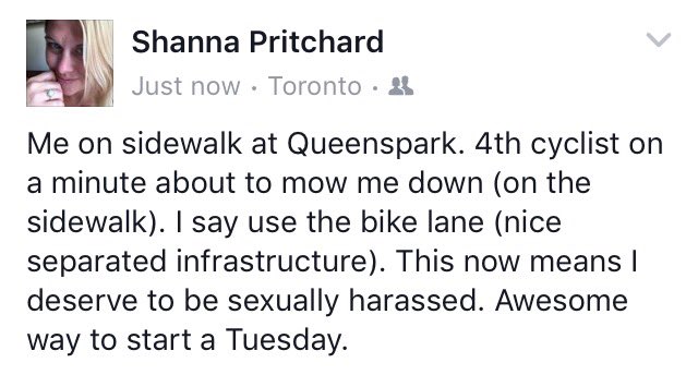 Hey #Toronto. Deal with your bad #cyclist problem. #almosthitagain #dailyproblem #sexualharassment