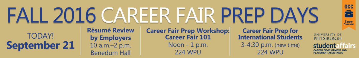 ThePittNews's tweet image. Career Fair Prep Day ad in today's edition is tomorrow, Sept. 21, not today. Please note time changes in the ad below.