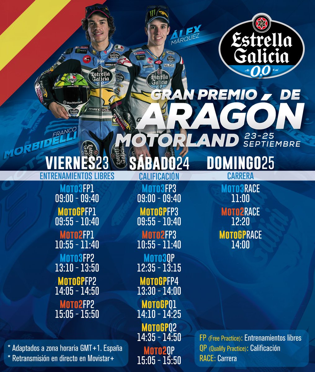 ¡Las motos vuelven a casa! ¿Os perderéis el #AragonGP? Anotad bien los horarios del fin de semana. ✍🏼⏰ #TeamEG00