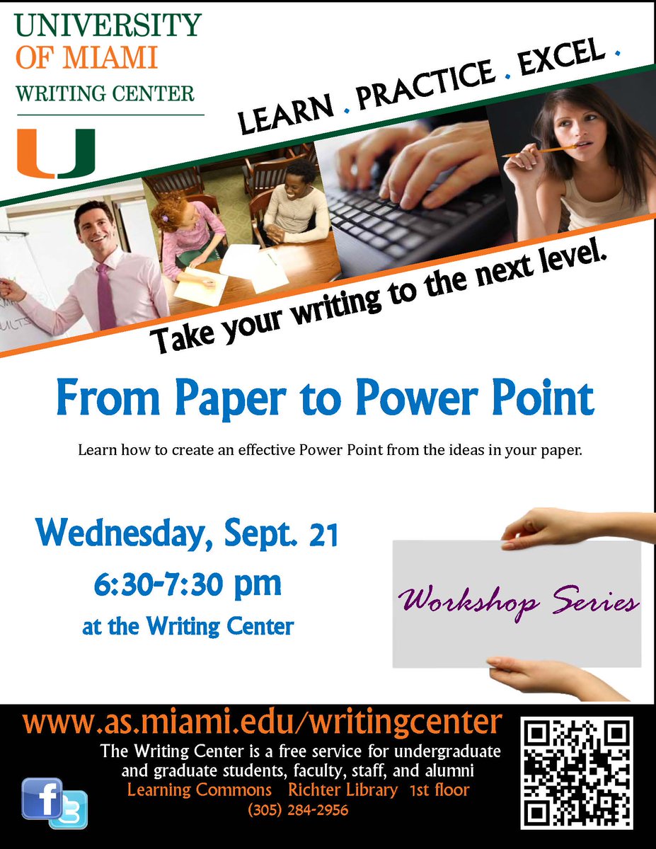 UMWritingCenter's tweet image. Attention writers! Need tips on moving your thoughts from paper to PowerPoint? Come to our workshop on Wednesday from 6:30-7:30.