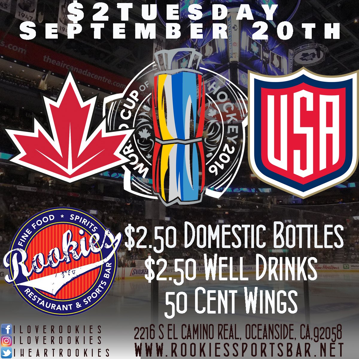 iheartrookies's tweet photo. $2Tuesday USA vs Canada #WCH2016 50cent wings $2.50Domestic Bottles $2.50Well Drinks #iloverookies #Wings #oceansideca #teamusa #$2tuesdays https://t.co/990hHwRny2
