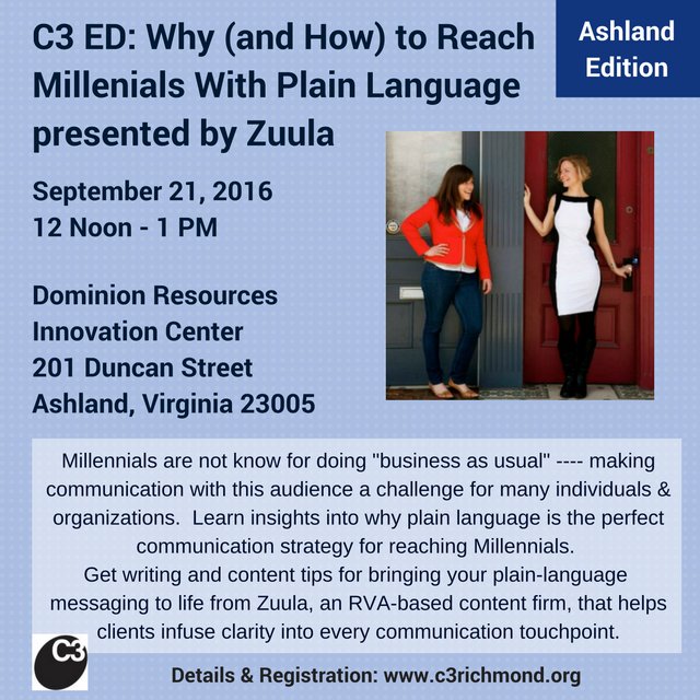 C3richmond's tweet photo. See you tomorrow-9/21 for C3 ED: Clarity is Cool: Why (&amp; How) to Reach Millennials @zuulaconsulting @Dom_Resources  https://t.co/JOyxLLlV5k https://t.co/u4APwaj24d