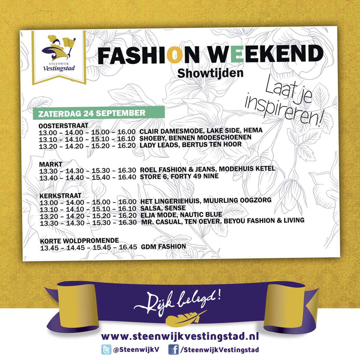 Het programma voor de zaterdag van het Fashion Weekend. De shows beginnen om 13:00 en worden doorlopend gelopen.