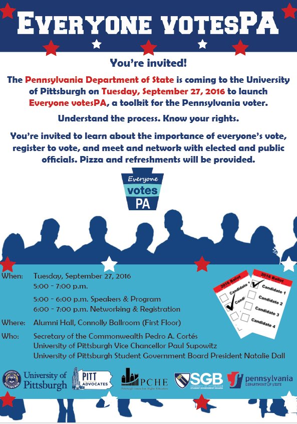 PGHDistrict8's tweet image. .@PittCGR is hosting event to launch @PAStateDept 's Everyone Votes PA toolkit. Learn more about voting rights &amp;amp; register! Tues 9/27 5p-7p.