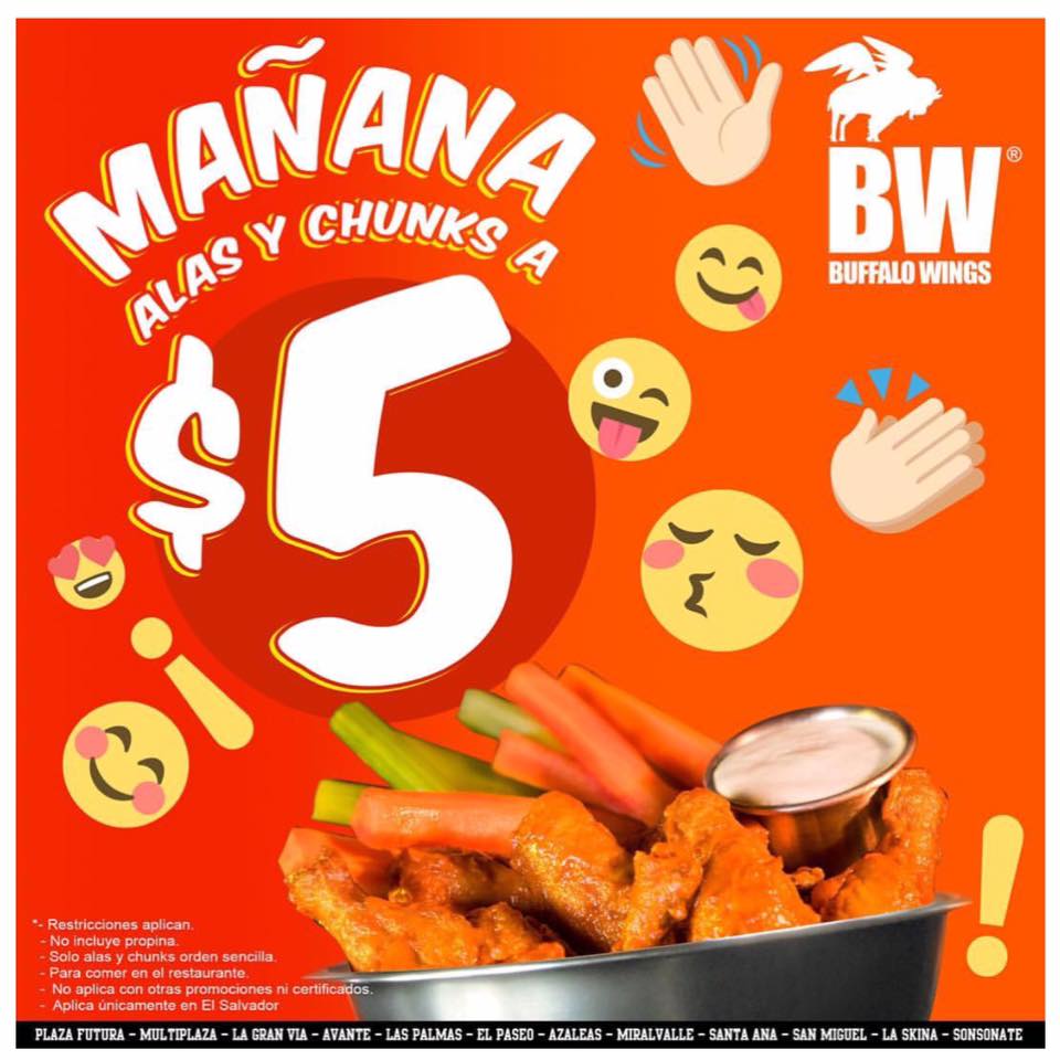 BWelsalvador's tweet photo. ¡Mañana regresa la promoción de #GiveMeAFive! $5 bowl sencillo de alas y chunks (Válido en todas las sucursales) https://t.co/wfCs3Liffx