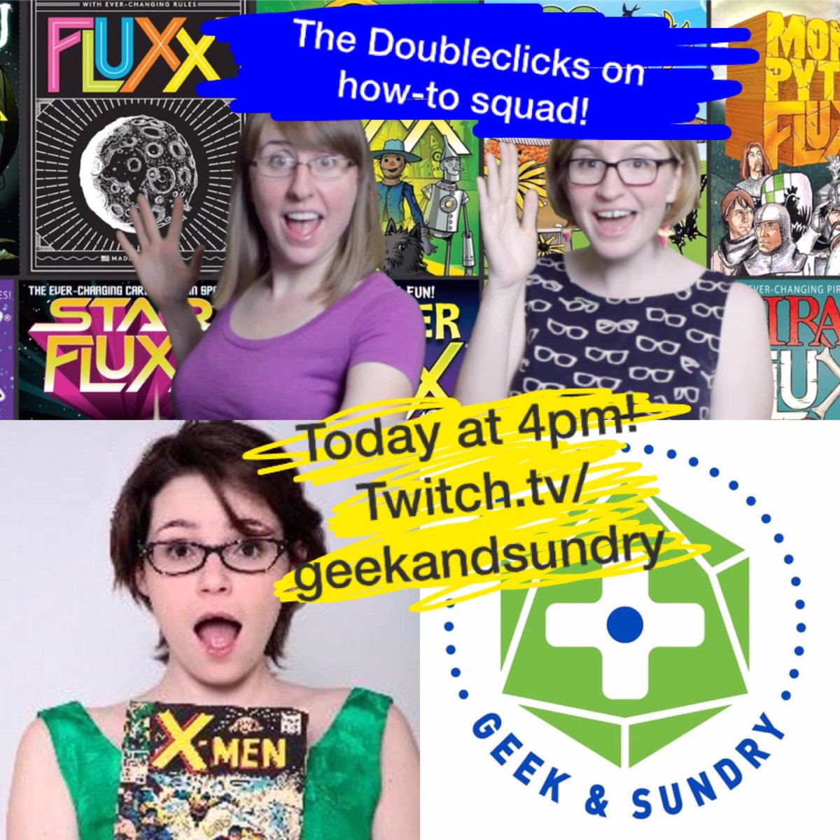 TheDoubleclicks's tweet photo. Today at 4pm Pacific/7 Eastern we will play music, talk to @enthusiamy, and teach you how to write songs!! On @GeekandSundry's #howtosquad! https://t.co/ZoCK2wH97i