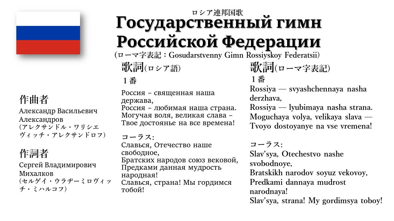 世界の国歌bot Twitter પર ロシア国歌 ロシア連邦国歌 この国歌が採用される前は 愛国歌 という曲がロシアの国歌 だったが 人気がなかったので00年に現在の国歌に変わった 現在の国歌はソ連国歌 ソビエト連邦国歌 の歌詞を変更したもので メロディーはソ連 世界の国歌bot Twitter પર ロシア国歌 ロシア連邦国歌 この国歌が採用される前は 愛国歌 という曲がロシアの国歌 だったが 人気がなかったので00年に現在の国歌に変わった 現在の国歌はソ連国歌 ソビエト連邦国歌 の歌詞を変更したもので メロディーはソ連