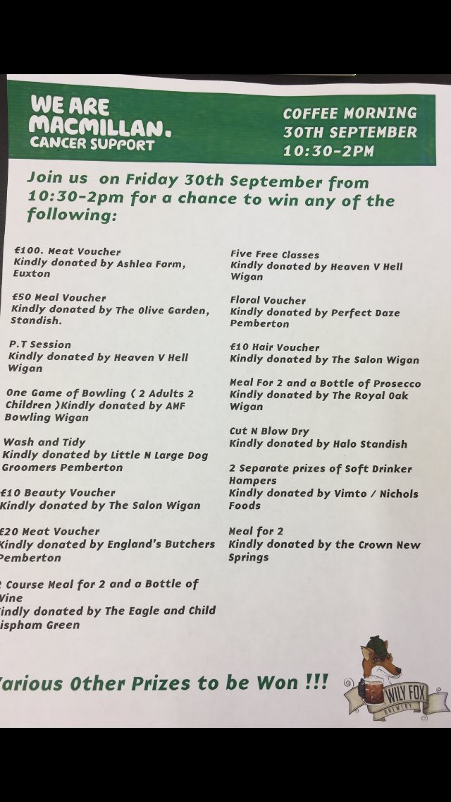 WilyFoxBrewery's tweet photo. If you like to join us, please message, great prizes, wonderful cause!
#moreprizestobeadded #macmillian https://t.co/pGxC8zHM7Z