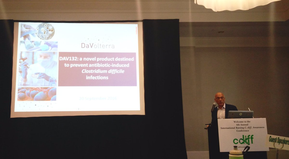 DaVolterra's tweet photo. Our CSO, Jean de Gunzburg, just shared how DAV132 intends to prevent #CDI at the #Cdiff2016  thanks to @cdiffFoundation! https://t.co/QJkK2NdeiD