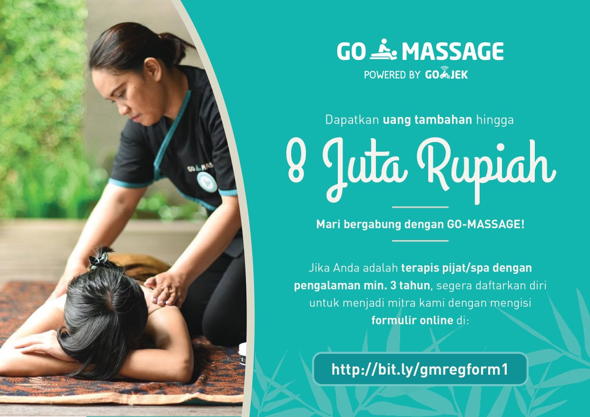gomassageID's tweet photo. GO-JEK INDONESIA-Lowongan TERAPIS PIJAT GO-MASSAGE, daftar: https://t.co/EZQsurs9QU #infoloker #lokerjkt #GOJEK #GOMASSAGE @LowonganJakarta https://t.co/tuH5e8fjSJ
