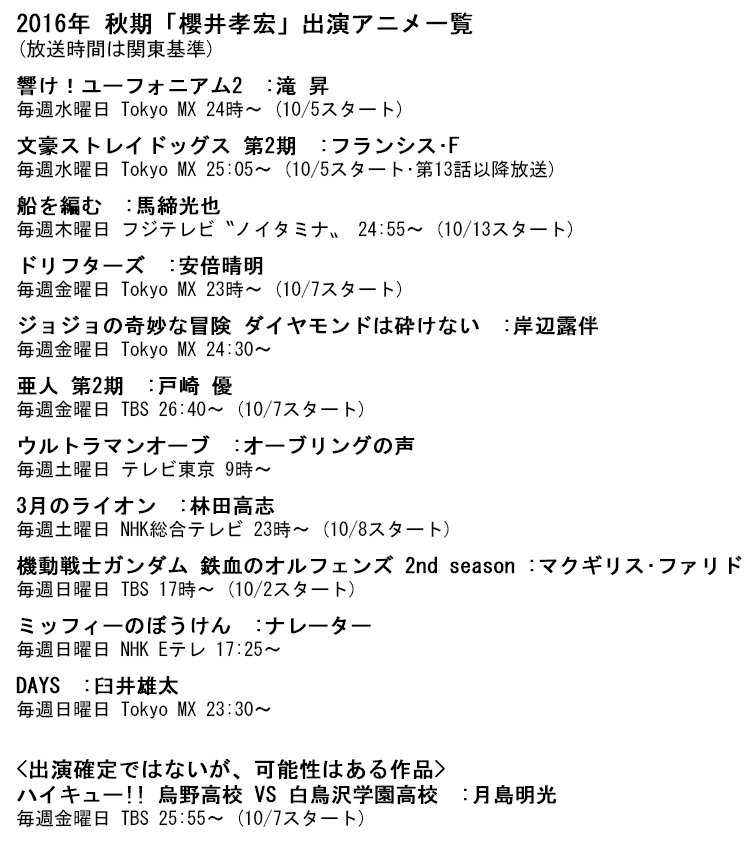 櫻井孝宏非公式情報垢 على تويتر 16年 秋期 櫻井孝宏 出演アニメ一覧 関東基準 櫻井孝宏