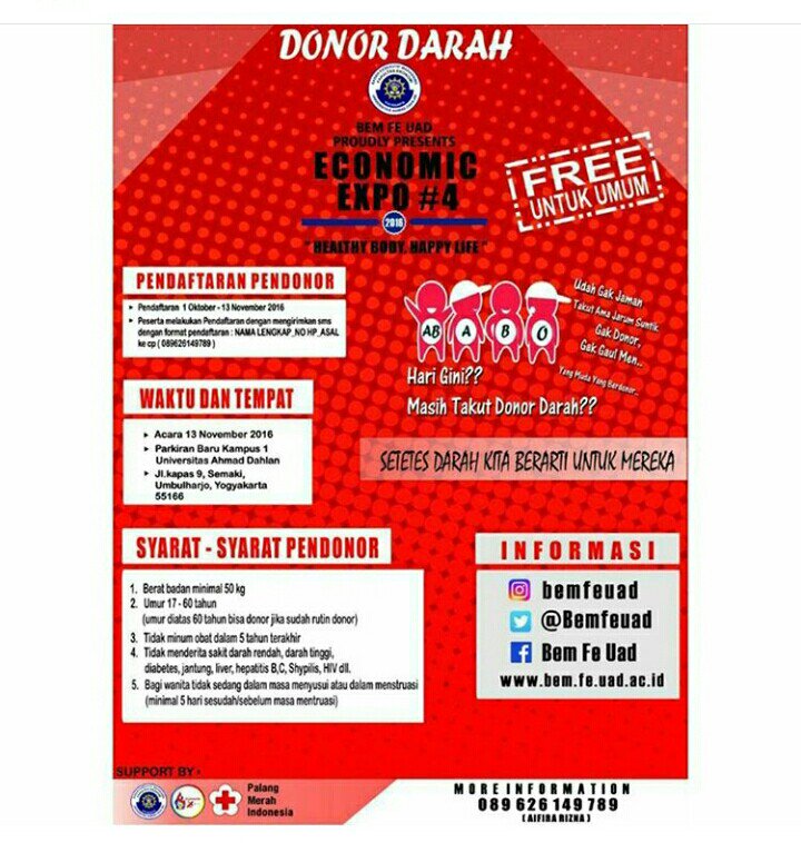 Ikutan donor darah yuk "setetes darah kita sangat berarti untuk mereka" pendftran 1okt-13nov(acara). Info lanjut 👆👇