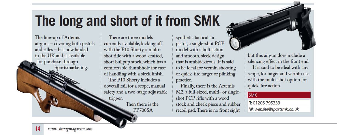 News item on the Artemis Range in <a href="/tackleandguns/">Tackle & Guns</a> October issue! 
Please call 01206 795333 for your local stockist details