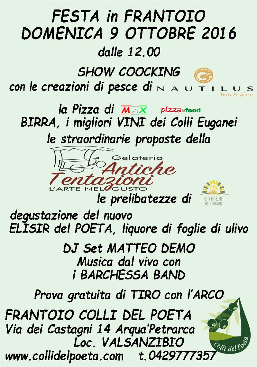 DOMENICA 9 OTTOBRE | FESTA IN FRANTOIO | FRANTOIO COLLI DEL POETA |
<a href="/stradadelvinoce/">Strada Colli Euganei</a>