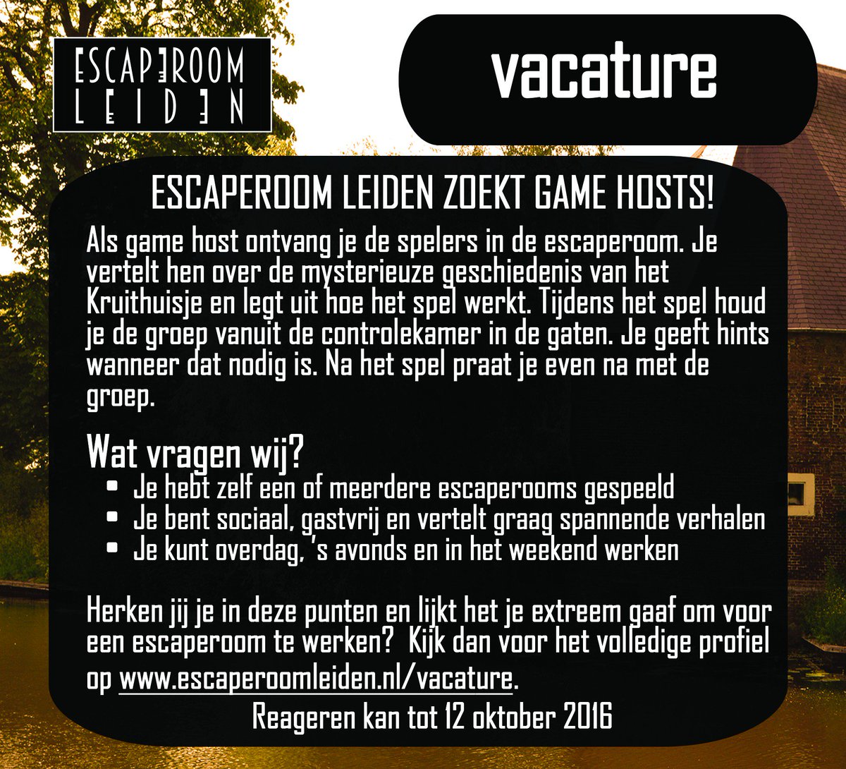 escapeleiden's tweet photo. Escaperoom Leiden zoekt game hosts! Kom jij ons team versterken? #vacature #leiden #escaperoom https://t.co/WJCj0hsKdd. https://t.co/9HW4AyTwpN