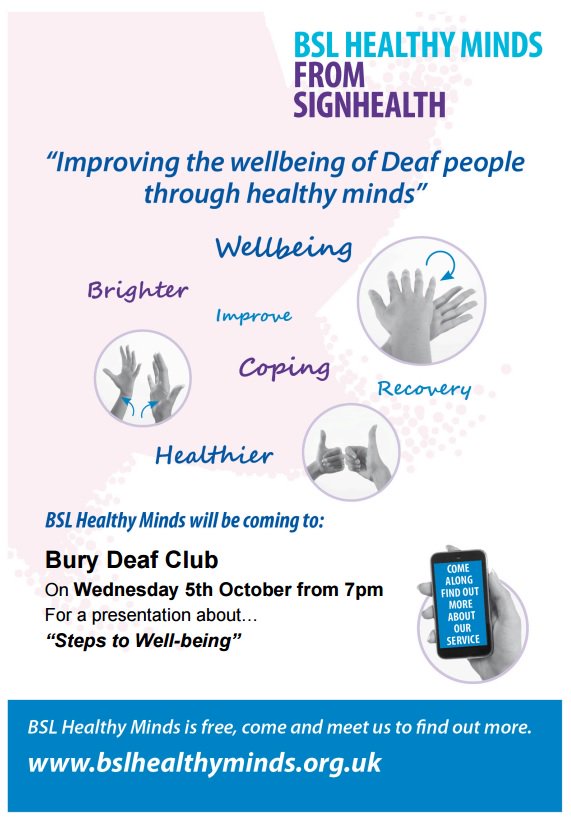 We are at Bury Deaf Club this Wednesday. Come along for information about wellbeing. Presentation in BSL. #Deaf #BuryDeafClub