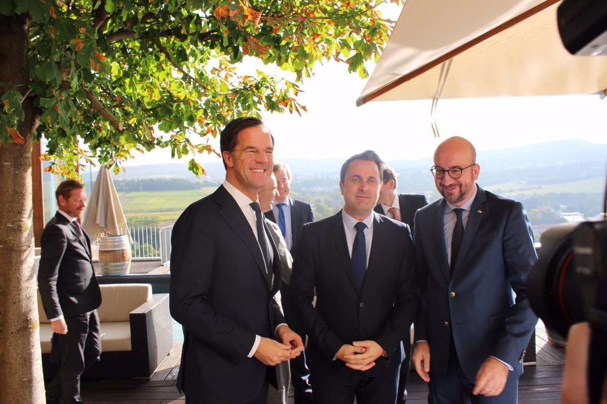 Xavier_Bettel's tweet photo. Benelux Summit with @CharlesMichel and @MinPres in the symbolic location #Schengen https://t.co/Xuil0VDzZ2